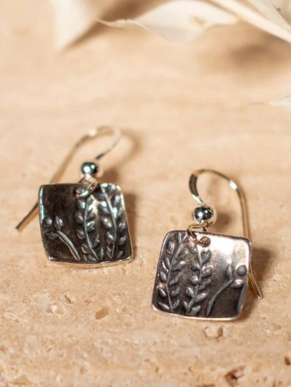 Sterling Silver Leaf Stamped Dangle Earrings Marked 925